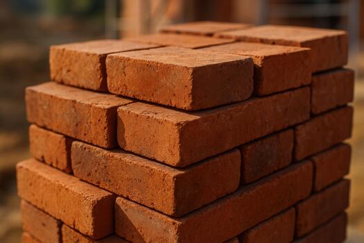 Stacked Red Clay Bricks Forming Small Tower in Outdoor Setting photo