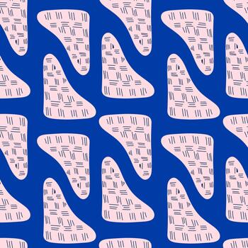 Seamless abstract pattern with pink organic shapes and geometric line texture on deep blue background for fabric, wallpaper, and wrapping paper vector