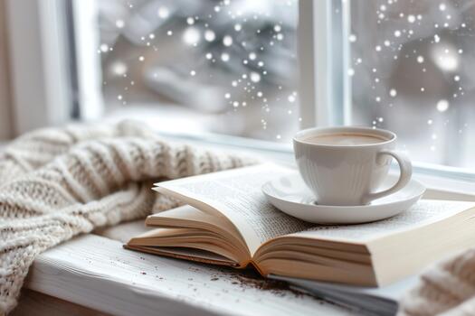 A cup of warm tea sits on a small plate next to an open book on a window sill. Snowflakes fall softly outside, adding a peaceful winter scene to the cozy setting photo