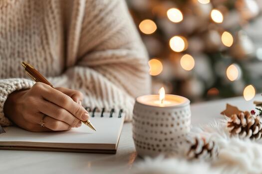 A person writes in a notebook at a softly lit desk adorned with a small Christmas tree and a warm candle. The atmosphere is calm and festive, inviting creativity photo