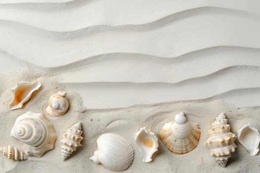 A collection of seashells rests on fine sand, showcasing various shapes and textures. The background features soft, wavy patterns, evoking a calming beach atmosphere photo