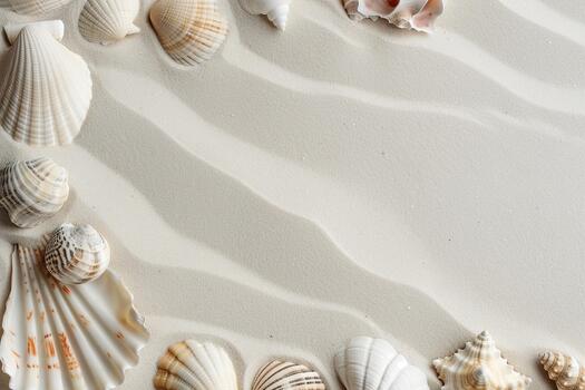 un colección de conchas marinas mentiras a lo largo el fondo borde de bien, suave arena, creando un tranquilo costero escena. el suave textura de arena complementa el conchas hermosamente foto