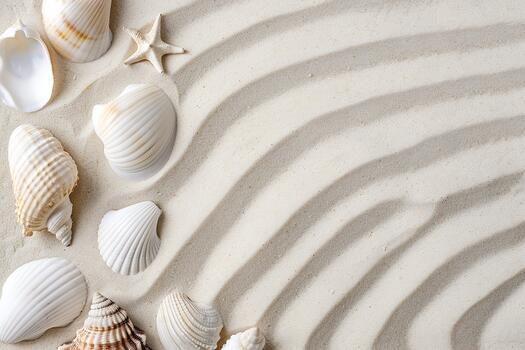 Soft sand features delicate grooves, while a variety of seashells line the bottom edge, capturing the essence of a peaceful beach setting during daytime photo