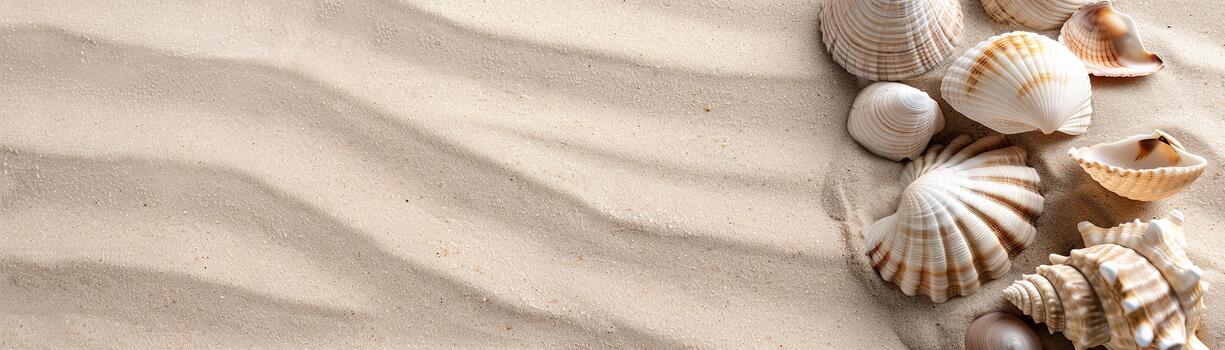 Seashells in various shapes and sizes are arranged along the bottom edge of a sandy beach. The background shows soft sand patterns created by gentle winds under a bright sky photo