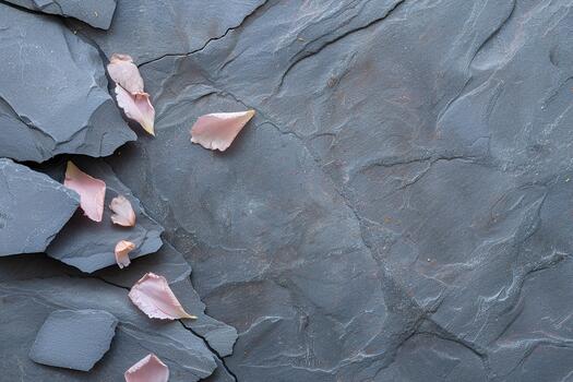 A textured stone surface features a few soft pink petals scattered across it, highlighting the contrast between roughness and fragility in a natural environment photo