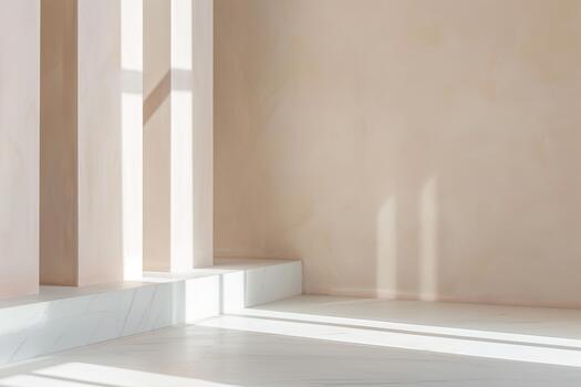 Natural sunlight streams through vertical openings, casting soft linear shadows on a pastel wall and light-colored floor, creating a calm and serene environment photo