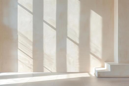Natural light streams through, casting linear shadows on a smooth wall and tile floor. The room has a serene feel, highlighting its minimalist design and inviting ambiance photo