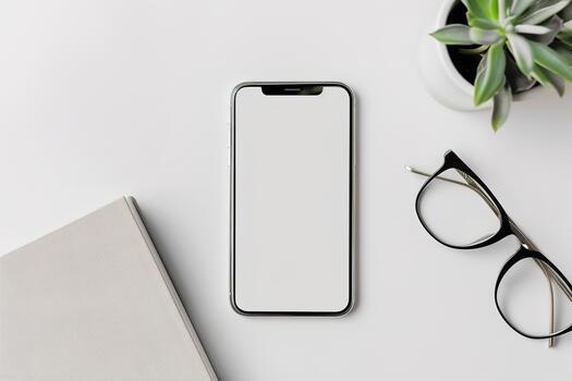 A stylish minimalist workspace displays a smartphone on a white surface, next to a notebook and a pair of glasses, creating an organized atmosphere for tasks and creativity photo