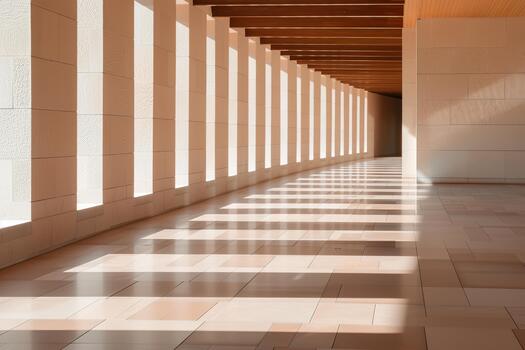 A bright corridor features long diagonal shadows cast by tall windows. The light creates a beautiful pattern on the floor, enhancing the architectural design. The space is serene and photo