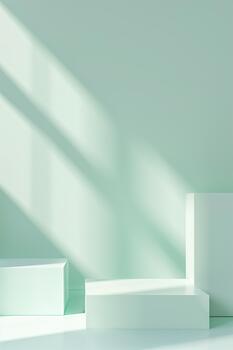 Soft mint background enhances the tranquility of the space. Geometric shapes create a minimalistic display that highlights gentle gradients of light and shadow photo