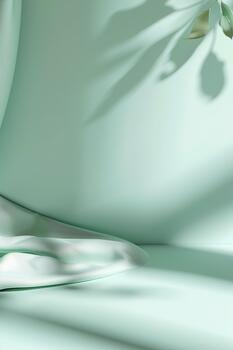 The setting features a mint background illuminated by soft, subtle lighting. Gentle shadows are cast by delicate foliage, enhancing the tranquil vibe of the scene photo