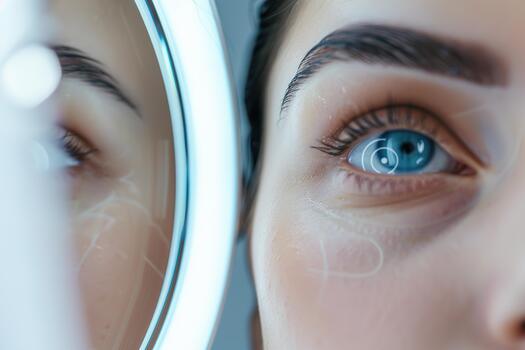 A close view of an eye shows virtual skin hydration data overlay. The reflection in the mirror indicates a focus on skincare, highlighting the importance of hydration in beauty routines photo