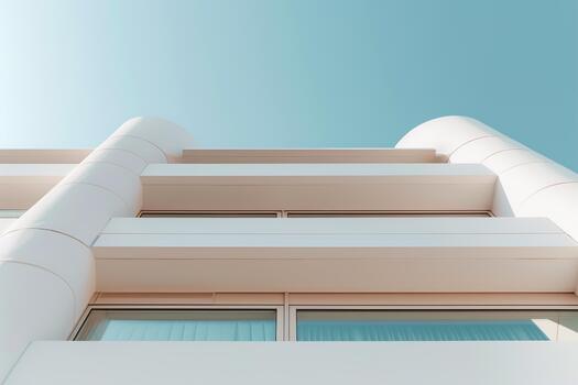 A modern building facade features clean lines and a minimalist design. The image captures the structure from below, highlighting its unique architectural style against a clear sky photo