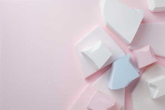 Soft pastel geometric shapes are scattered in one corner of a light pink background, creating an elegant and modern art scene that adds subtle charm to the visual space photo