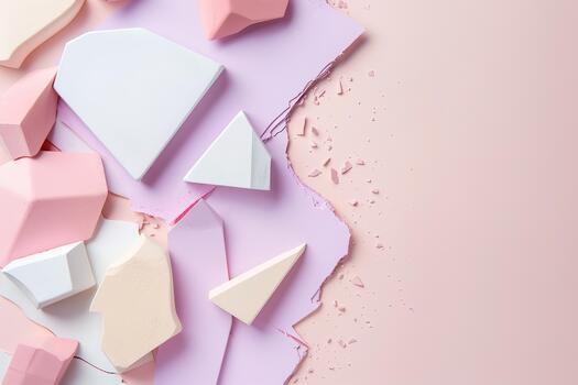 Scattered pastel geometric shapes in shades of pink and white are positioned in one corner of a soft pink backdrop, adding a serene and modern touch to the scene photo