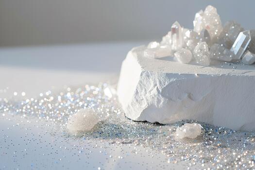 A beautiful arrangement features a cascade of glitter flowing over a plain white surface, complemented by sparkling crystals creating an artistic and captivating visual scene photo