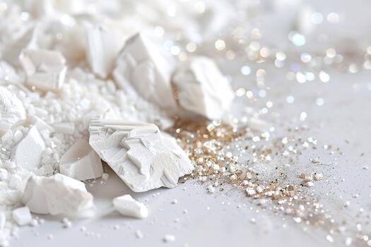 Tiny glitter particles flow beautifully alongside rough white pieces, creating a striking visual contrast on a simple flat surface in a bright setting photo