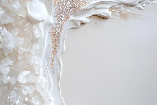 Shimmering glitter cascades down one side, contrasting beautifully with the smooth, plain white surface. The scene captures a blend of textures that create visual interest photo