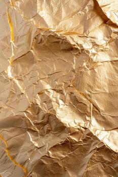 This background showcases an intricate foil texture with large creases and a gentle gradient in shades of gold. The surface reflects light, adding depth and elegance photo