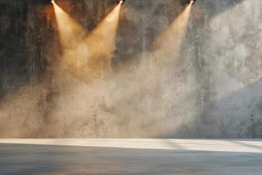 Bright stage lights create spotlight cones on textured walls, setting the scene for a performance or event. The dynamic lighting enhances the atmosphere and highlights the venue's design photo