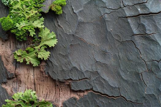 Bright green moss clings to the rough surface of a dark tree trunk. The natural texture showcases cracks and crevices, creating an interesting visual feel against the background photo