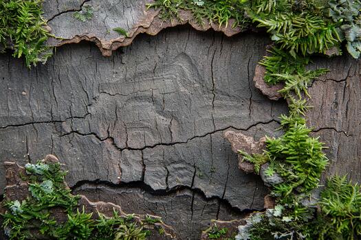 A detailed view of a tree trunk showcases various shades of moss and bark textures. The right side is open, allowing for potential text or design elements to be added photo