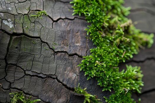 Lush green moss thrives on the textured surface of a tree trunk, showcasing intricate details of nature. The scene includes an inviting empty space on the right, enhancing focus photo