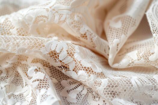 Close-up view of a finely detailed fabric pattern reveals an elegant lace design. The soft white background enhances the texture and intricate features of the material photo