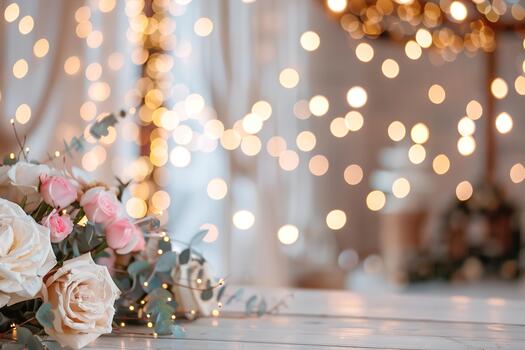 Delicate roses mix with lush eucalyptus leaves, set against a backdrop of soft, glowing bokeh lights. This scene creates a warm and inviting atmosphere ideal for gatherings photo