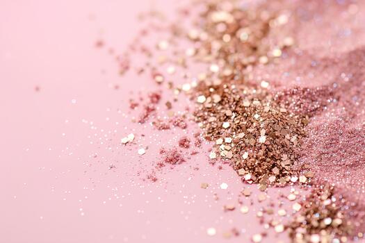 Scintillating glitter particles are spread out across a soft pink surface, with a dense concentration near the top. The shiny pieces catch light and create a vibrant display photo