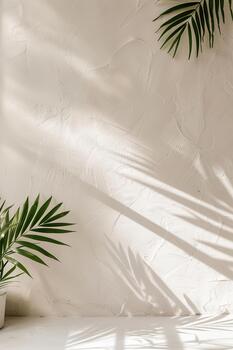 Sunlight streams through palm frond leaves, creating beautiful patterns of shadows on a textured wall. The scene captures a peaceful indoor moment with natural elements photo