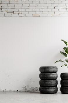 In a tire change area, stacks of tires sit neatly while floor jacks stand ready for vehicle maintenance tasks. The space is well-lit and organized for efficient service photo
