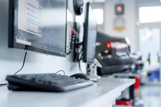 A diagnostic computer station is set up in an auto repair shop, featuring two screens, a keyboard, and tools. Vehicles are visible in the background, indicating ongoing repairs photo