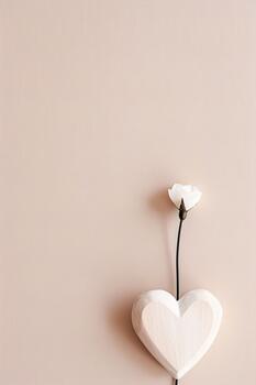 A minimalist black heart outline is positioned at the top of a soft pastel background, while a delicate flower stem emerges from a white heart at the bottom, creating a calming visual photo