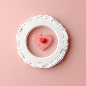 Decorative arrangement on a soft peach background shows a simple white circular frame enclosing a textured peach heart with a smaller red heart at its center, creating a charming visual photo