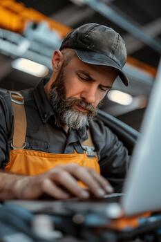 un hombre en trabajo atuendo es enfocado en utilizando un ordenador portátil siguiente a un auto, con un brillante pared visible detrás a él. el ajuste es bien iluminado, sugerencia un taller ambiente foto