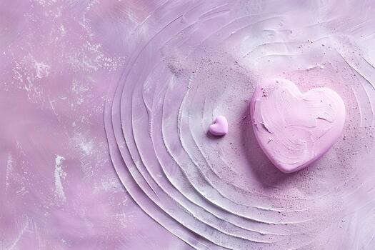 Soft violet background features two heart shapes, one larger and one smaller, surrounded by gentle concentric lines. This design elicits feelings of love and calmness photo