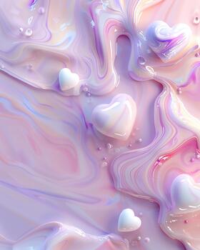 Soft colors of lavender and blush blend together, creating an abstract background. White heart-shaped blobs float amid the smooth, flowing patterns, evoking a serene atmosphere photo