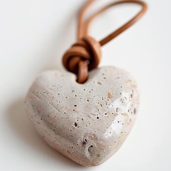 This unique heart pendant showcases a smooth, natural material with a distinctive texture. It is attached to a leather cord for a stylish look, ideal for personal use or gifting to photo