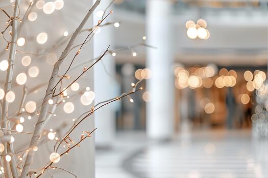 Soft white bokeh lights illuminate a spacious area, creating an inviting festive vibe. The empty center enhances the light display, adding to the airy feeling of the space photo