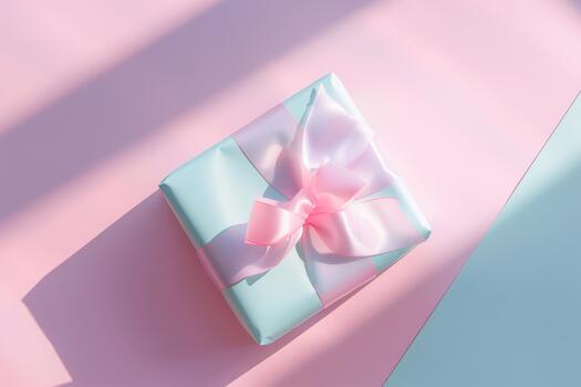 un hermosamente envuelto regalo con un rosado arco se sienta en un ligero rosado superficie. suave pastel colores crear un calmante atmósfera, con oscuridad agregando profundidad a el escena foto