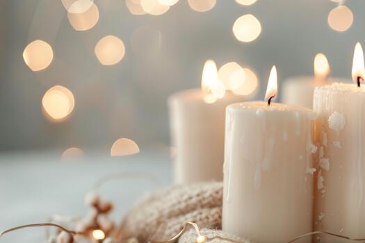 Candles burn softly, surrounded by warm bokeh lights that create a serene ambiance. The scene is perfect for cozy evenings or calming spaces, inviting warmth and peace photo