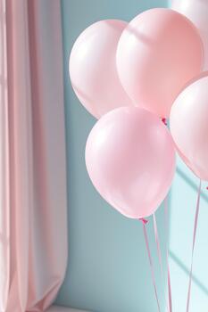 A bright and spacious room features soft pastel balloons clustered in the top-right corner. Sunlight streams through the window, creating a cheerful atmosphere photo