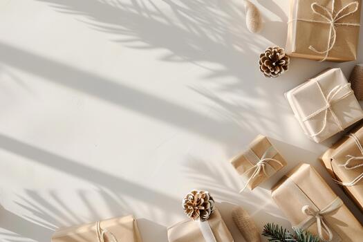 Brightly wrapped presents are arranged on a smooth surface, creating playful shadows. Natural elements like pine cones and greenery enhance the festive atmosphere photo