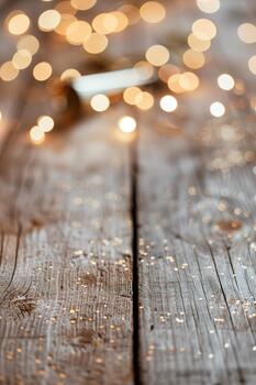 Soft bokeh lights sparkle above a rustic wooden background, enhancing party vibes. A solitary party horn rests on the surface, inviting celebration and joy photo