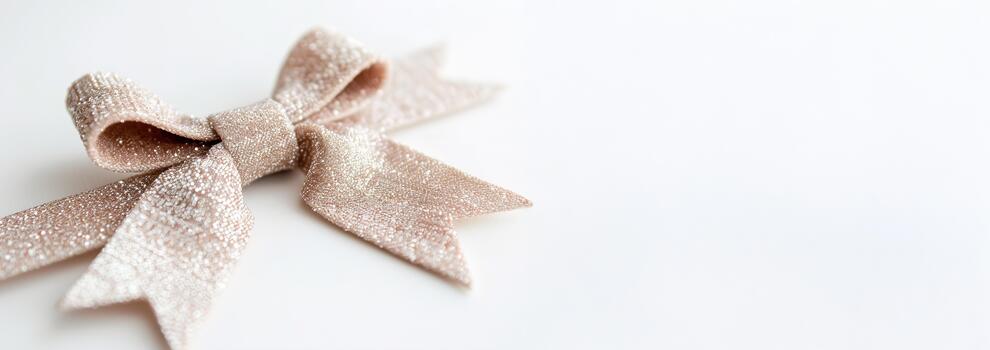 A decorative bow with a shimmering, sparkling texture rests neatly on a clean, white background, ideal for gift wrapping or event decoration. Its elegant design adds a touch of style photo