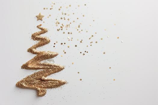 A glittering silhouette of a Christmas tree captivates with its sparkling texture. Tiny gold stars and sparkles scatter around, adding to the festive atmosphere photo