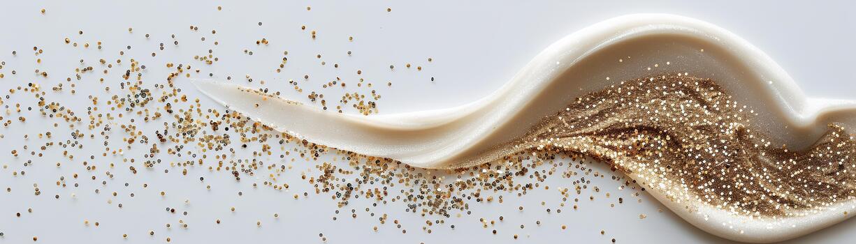 A curved swirl of creamy texture adorned with sparkling golden glitter rests against a smooth white surface. The soft glow enhances the decorative effect, making it perfect for design projects photo