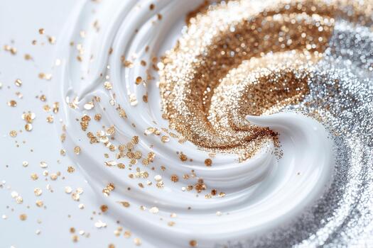 Beautiful swirl of gold and silver glitter combines with a smooth white background, creating an eye-catching, dynamic effect perfect for art or design use photo