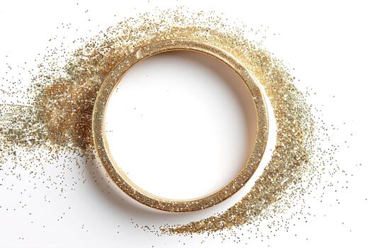 A thin gold glitter frame is displayed against a bright white background, with sparkling glitter scattered around it, creating a festive and elegant atmosphere photo